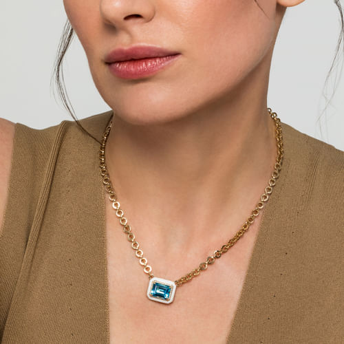 14K Yellow Gold Diamond and Blue Topaz Necklace With Flower Pattern J-Back and White Enamel