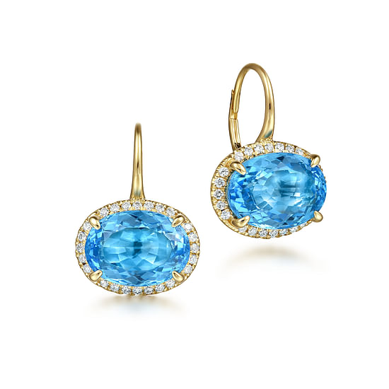 Gabriel - 14K Yellow Gold Diamond and Blue Topaz Oval Shape Earrings With Flower Pattern J-Back