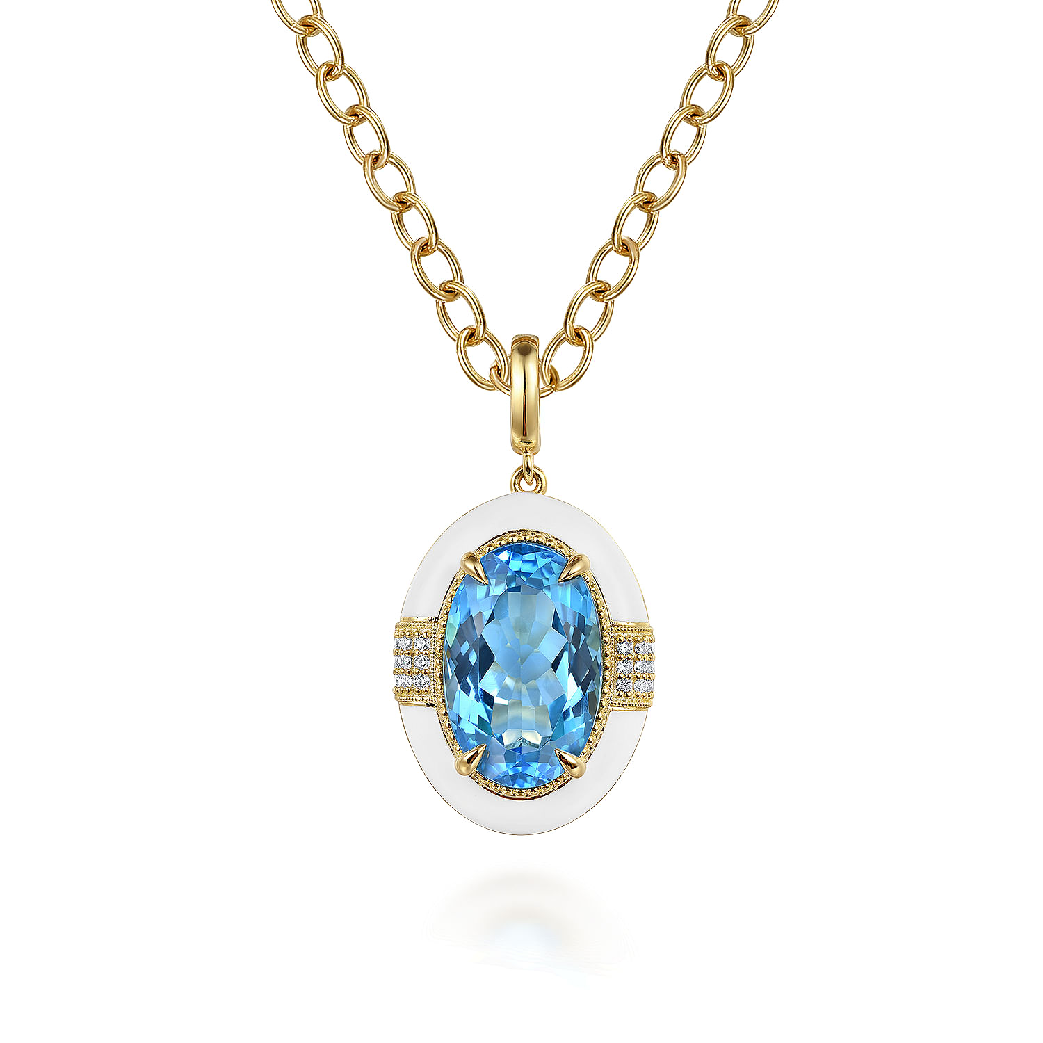 14K Yellow Gold Diamond and Blue Topaz Oval Shape Necklace With Flower Pattern J-Back and White Enamel