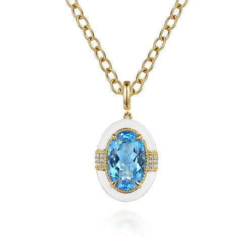 14K Yellow Gold Diamond and Blue Topaz Oval Shape Necklace With Flower Pattern J-Back and White Enamel