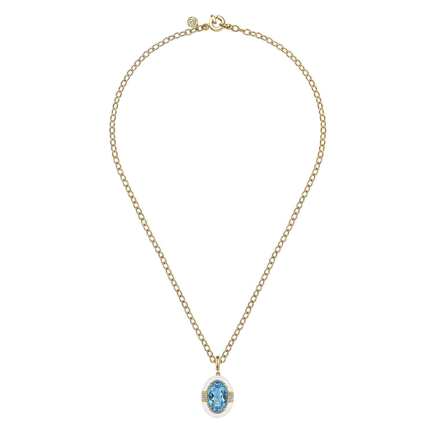 14K Yellow Gold Diamond and Blue Topaz Oval Shape Necklace With Flower Pattern J-Back and White Enamel