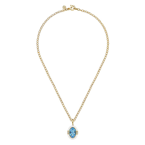 14K Yellow Gold Diamond and Blue Topaz Oval Shape Necklace With Flower Pattern J-Back and White Enamel