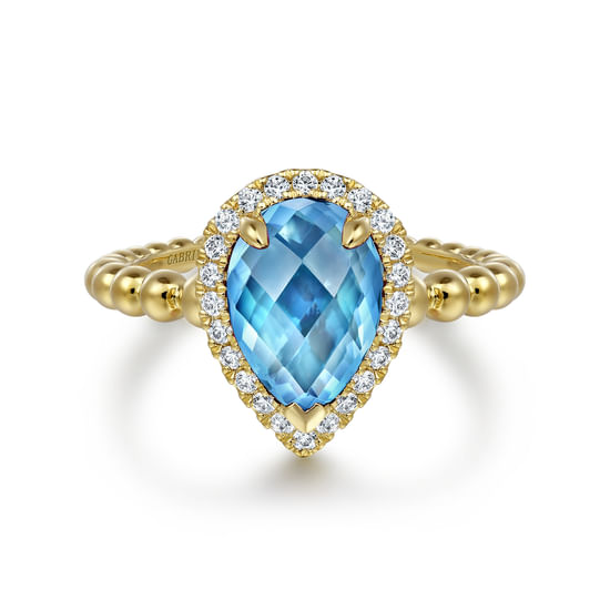 Gabriel - 14K Yellow Gold Diamond and Blue Topaz Pear Halo Ring
