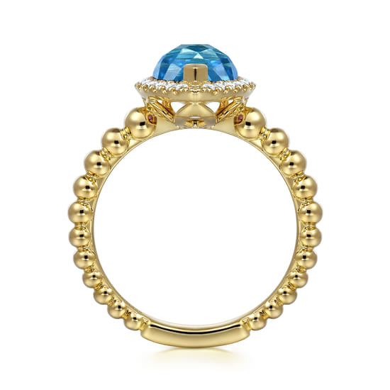 14K Yellow Gold Diamond and Blue Topaz Pear Halo Ring angle 2