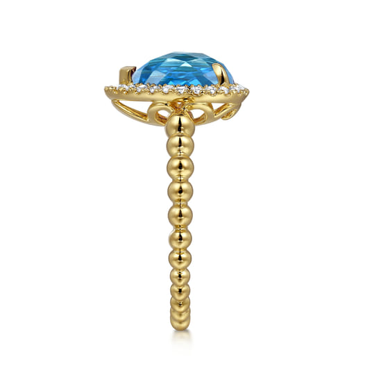 14K Yellow Gold Diamond and Blue Topaz Pear Halo Ring angle 4