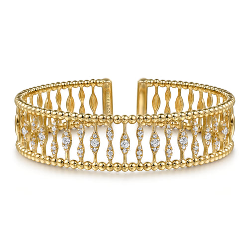 14K Yellow Gold Diamond and Bujukan Beads Cuff Bangle Bracelet