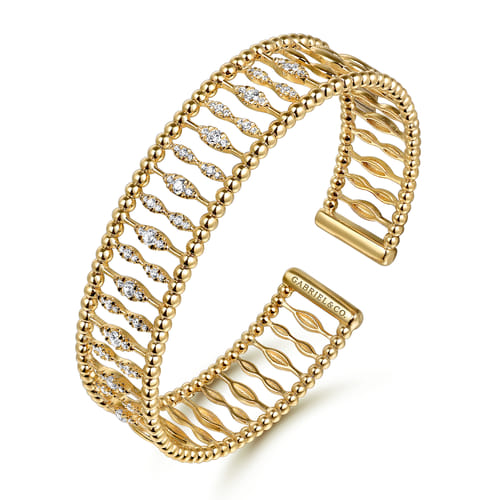 14K Yellow Gold Diamond and Bujukan Beads Cuff Bangle Bracelet