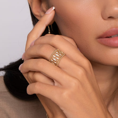 14K Yellow Gold Diamond and Bujukan Beads Wide Band Ring 14K Yellow Gold Diamond and Bujukan Beads Wide Band Ring