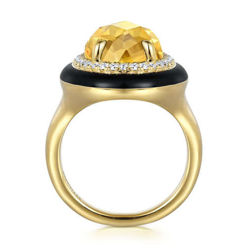 14K Yellow Gold Diamond and Citrine Cocktail Ring with Black Enamel