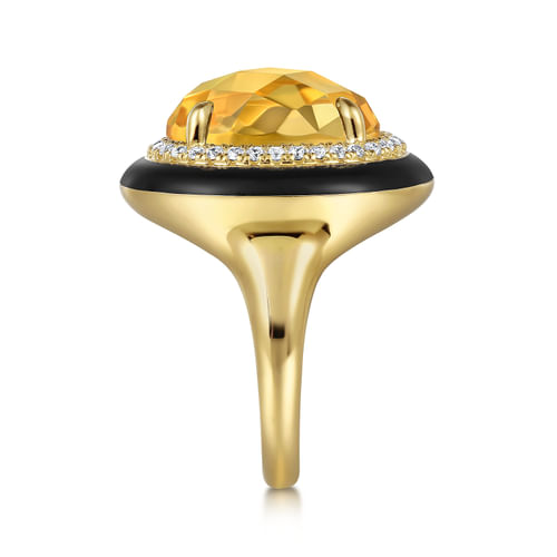 14K Yellow Gold Diamond and Citrine Cocktail Ring with Black Enamel