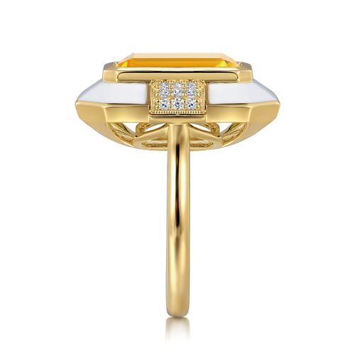 14K Yellow Gold Diamond and Citrine Cocktail Ring with White Enamel