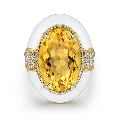 14K Yellow Gold Diamond and Citrine Cocktail Ring with White Enamel