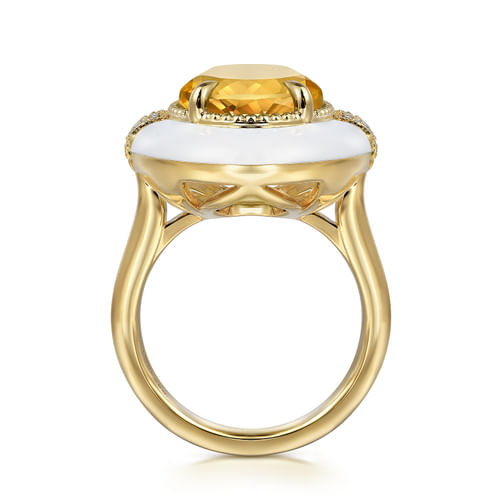 14K Yellow Gold Diamond and Citrine Cocktail Ring with White Enamel