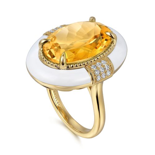 14K Yellow Gold Diamond and Citrine Cocktail Ring with White Enamel