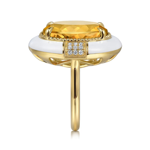 14K Yellow Gold Diamond and Citrine Cocktail Ring with White Enamel