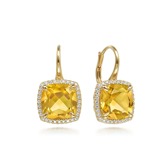 Gabriel - 14K Yellow Gold Diamond and Citrine Cushion Cut Earrings With Flower Pattern J-Back