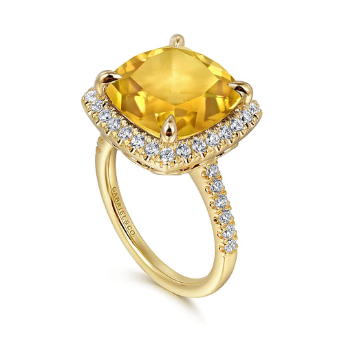 14K Yellow Gold Diamond and Citrine Cushion Cut Ladies Ring With Flower Pattern Gallery