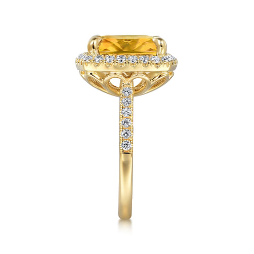 14K Yellow Gold Diamond and Citrine Cushion Cut Ladies Ring With Flower Pattern Gallery