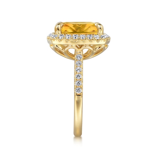 14K Yellow Gold Diamond and Citrine Cushion Cut Ladies Ring With Flower Pattern Gallery angle 4 14K Yellow Gold Diamond and Citrine Cushion Cut Ladies Ring With Flower Pattern Gallery angle 4