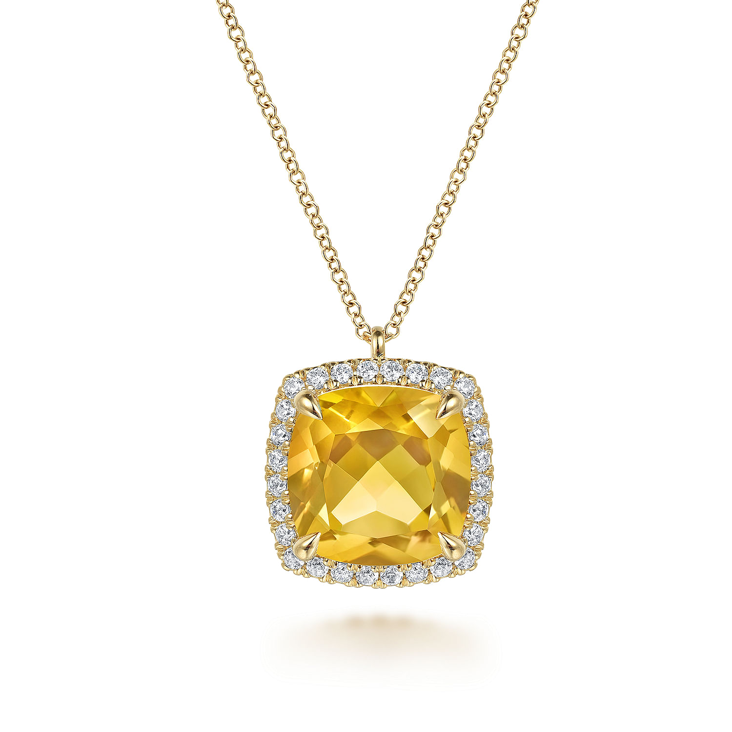 14K Yellow Gold Diamond and Citrine Cushion Cut Necklace With Flower Pattern J-Back