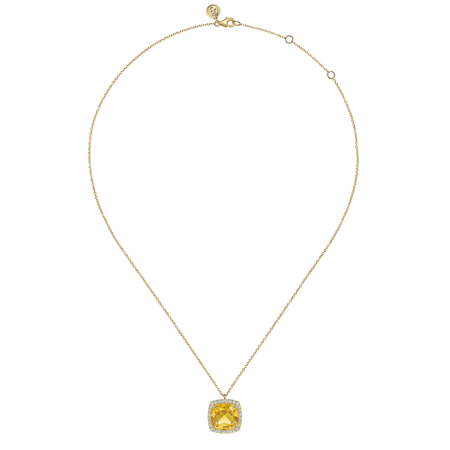 14K Yellow Gold Diamond and Citrine Cushion Cut Necklace With Flower Pattern J-Back