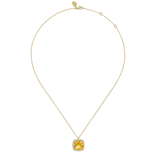 14K Yellow Gold Diamond and Citrine Cushion Cut Necklace With Flower Pattern J-Back angle 2