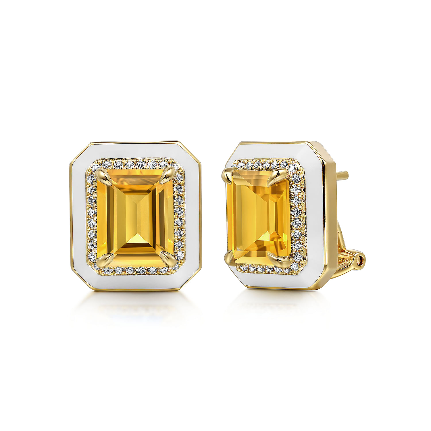 Gabriel - 14K Yellow Gold Diamond and Citrine Emerald Cut Earrings With Flower Pattern J-Back and White Enamel