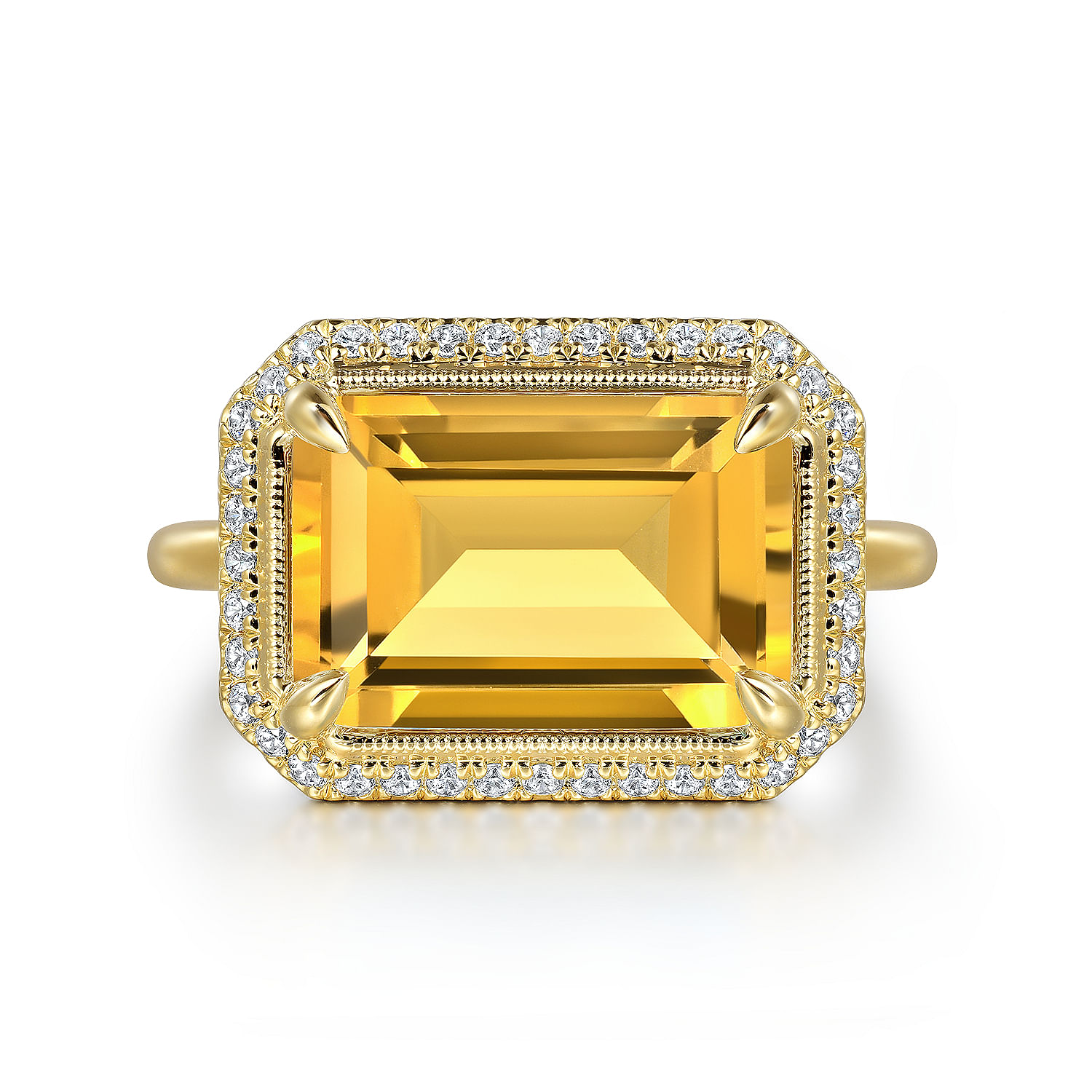 Gabriel - 14K Yellow Gold Diamond and Citrine Emerald Cut Ladies Ring With Flower Pattern Gallery