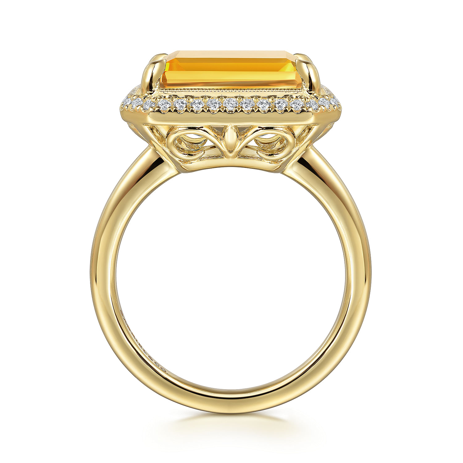 14K Yellow Gold Diamond and Citrine Emerald Cut Ladies Ring With Flower Pattern Gallery