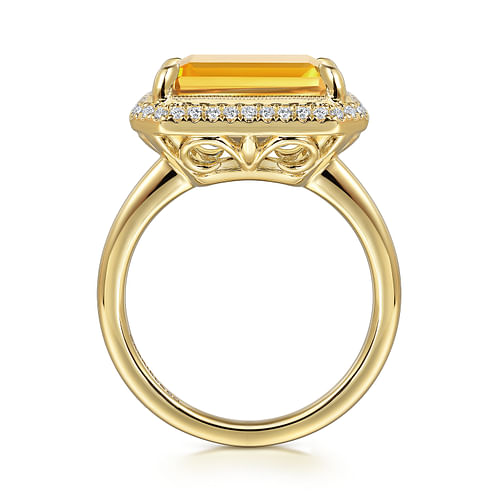 14K Yellow Gold Diamond and Citrine Emerald Cut Ladies Ring With Flower Pattern Gallery