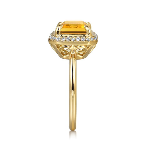 14K Yellow Gold Diamond and Citrine Emerald Cut Ladies Ring With Flower Pattern Gallery