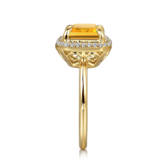 14K Yellow Gold Diamond and Citrine Emerald Cut Ladies Ring With Flower Pattern Gallery angle 4