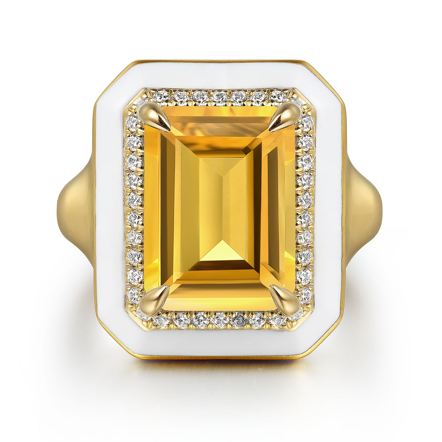 Gabriel - 14K Yellow Gold Diamond and Citrine Emerald Cut Ladies Ring With Flower Pattern J-Back and White Enamel
