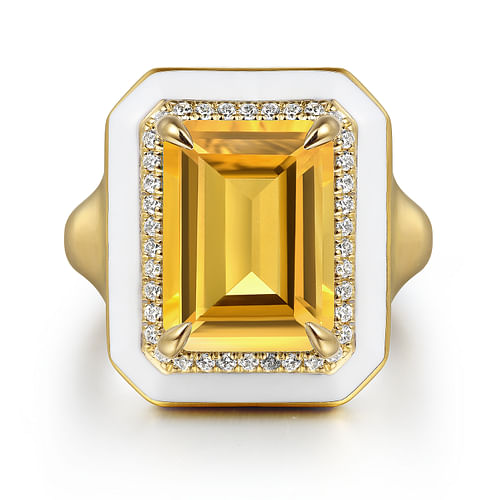 14K Yellow Gold Diamond and Citrine Emerald Cut Ladies Ring With Flower Pattern J-Back and White Enamel