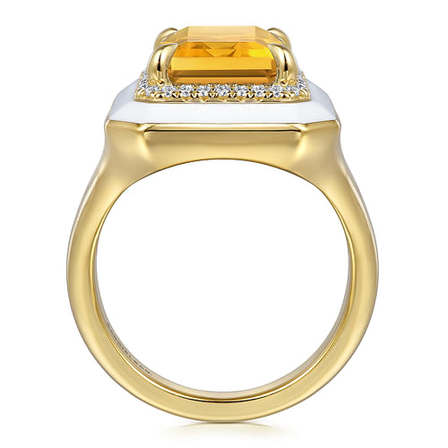 14K Yellow Gold Diamond and Citrine Emerald Cut Ladies Ring With Flower Pattern J-Back and White Enamel