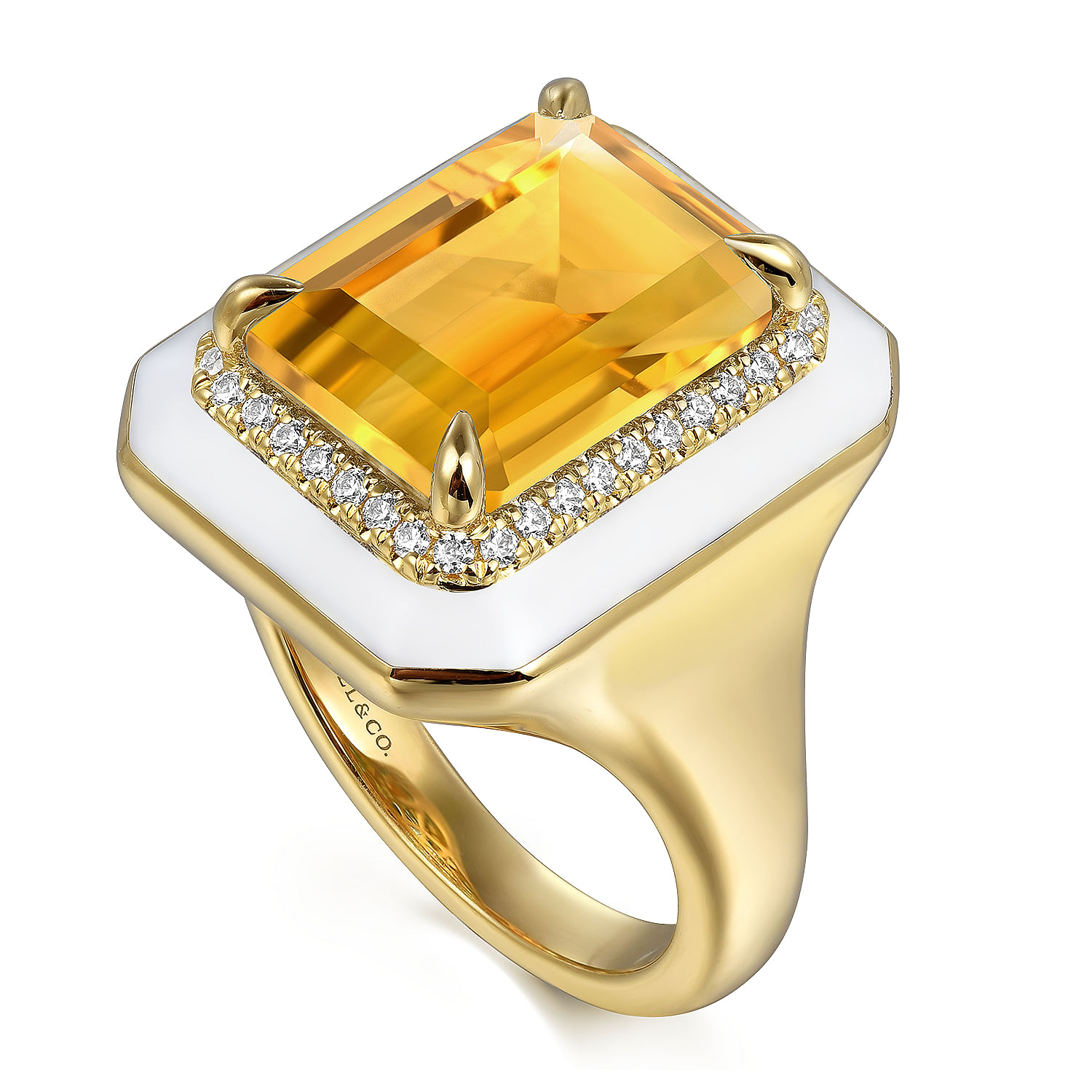 14K Yellow Gold Diamond and Citrine Emerald Cut Ladies Ring With Flower Pattern J-Back and White Enamel