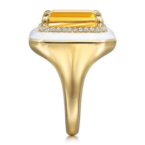 14K Yellow Gold Diamond and Citrine Emerald Cut Ladies Ring With Flower Pattern J-Back and White Enamel