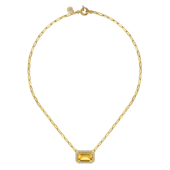 14K Yellow Gold Diamond and Citrine Emerald Cut Necklace With Flower Pattern Gallery angle 2 14K Yellow Gold Diamond and Citrine Emerald Cut Necklace With Flower Pattern Gallery angle 2