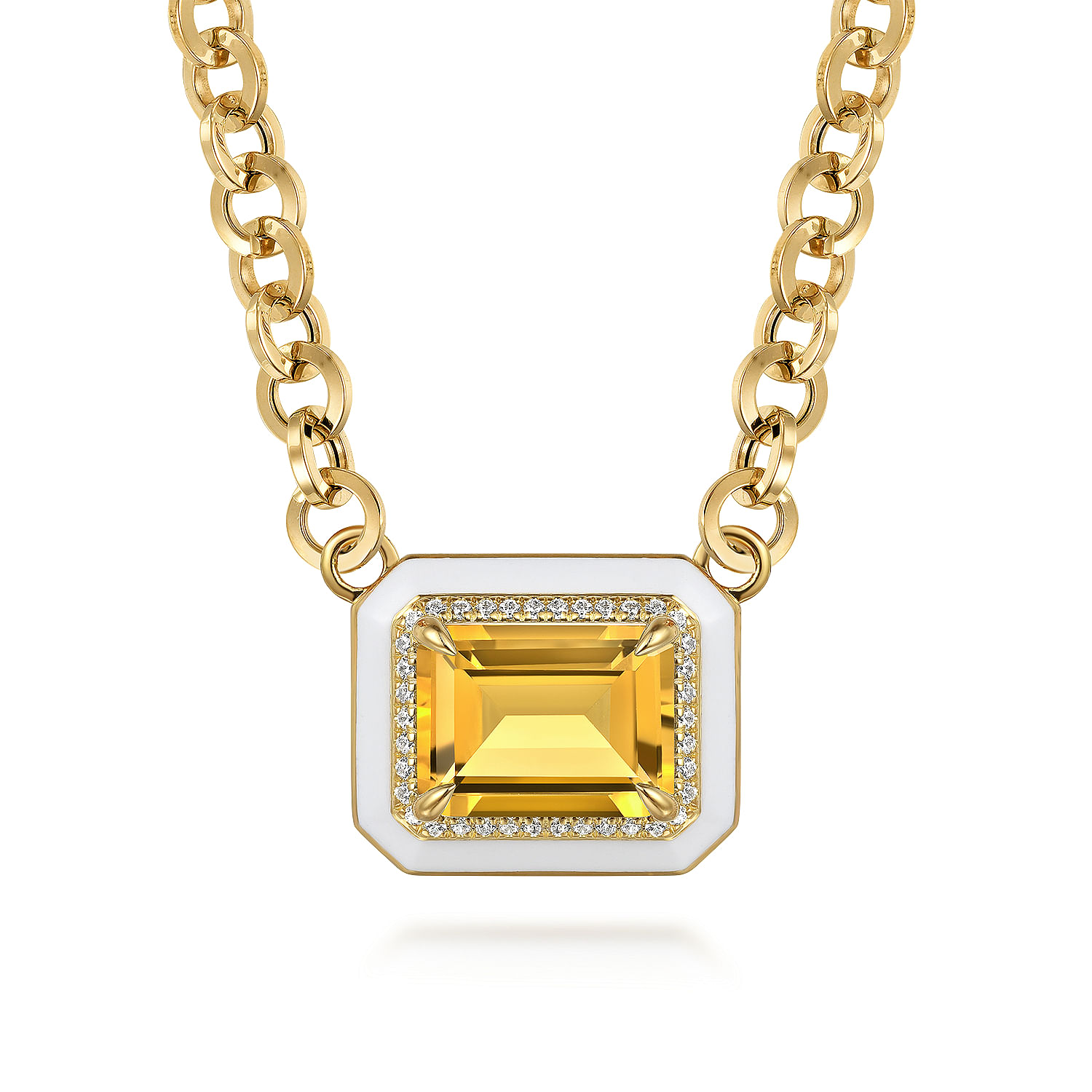 Gabriel - 14K Yellow Gold Diamond and Citrine Emerald Cut Necklace With Flower Pattern J-Back and White Enamel