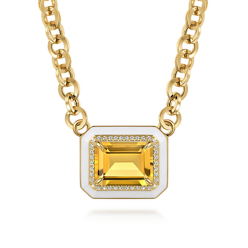 14K Yellow Gold Diamond and Citrine Emerald Cut Necklace With Flower Pattern J-Back and White Enamel