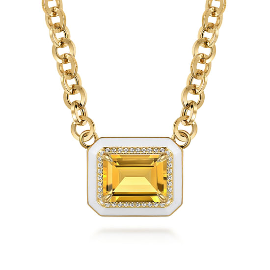 Gabriel - 14K Yellow Gold Diamond and Citrine Emerald Cut Necklace With Flower Pattern J-Back and White Enamel