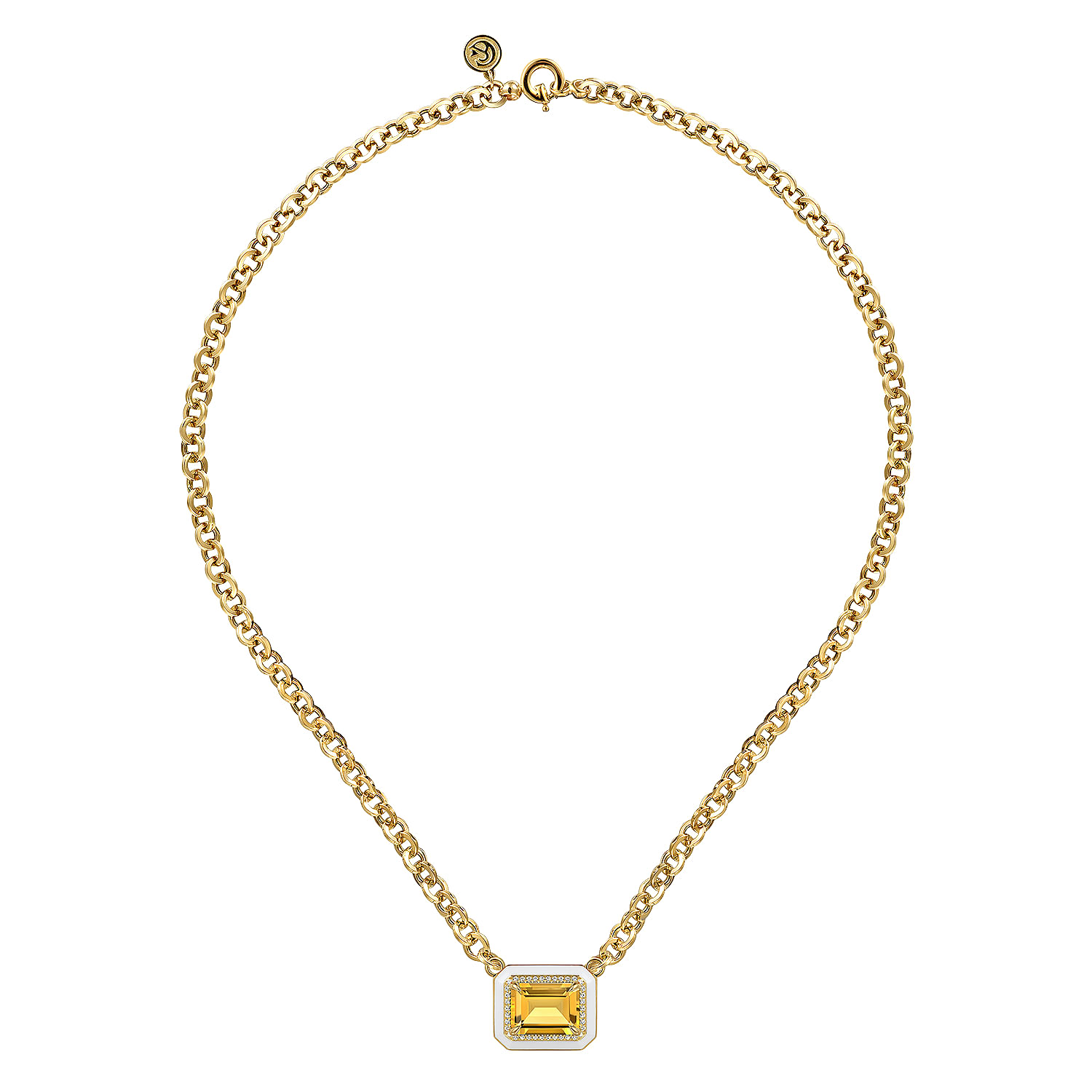 14K Yellow Gold Diamond and Citrine Emerald Cut Necklace With Flower Pattern J-Back and White Enamel