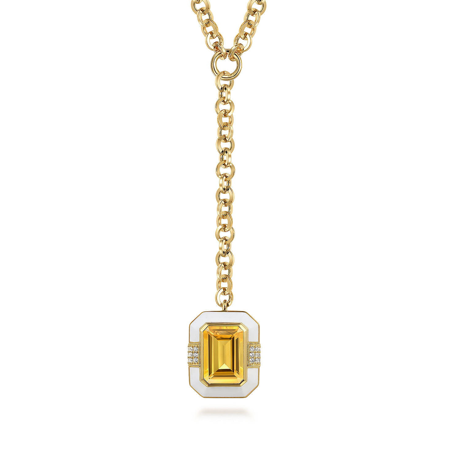 Gabriel - 14K Yellow Gold Diamond and Citrine Emerald Cut Y-Layer Necklace With Flower Pattern J-Back and White Enamel