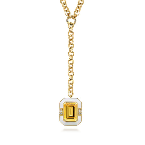 14K Yellow Gold Diamond and Citrine Emerald Cut Y-Layer Necklace With Flower Pattern J-Back and White Enamel