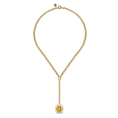 14K Yellow Gold Diamond and Citrine Emerald Cut Y-Layer Necklace With Flower Pattern J-Back and White Enamel