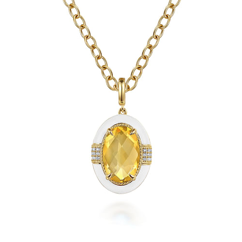 14K Yellow Gold Diamond and Citrine Emerald Cut Y-Layer Necklace With Flower Pattern J-Back and White Enamel