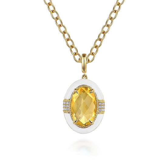 Gabriel - 14K Yellow Gold Diamond and Citrine Emerald Cut Y-Layer Necklace With Flower Pattern J-Back and White Enamel