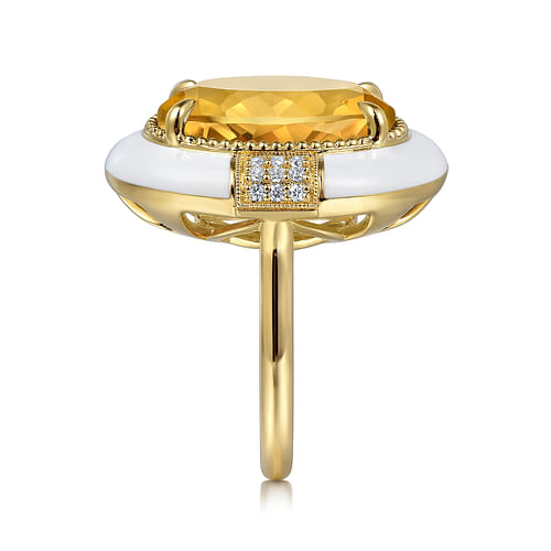 14K Yellow Gold Diamond and Citrine Fashion Ring With White Enamel