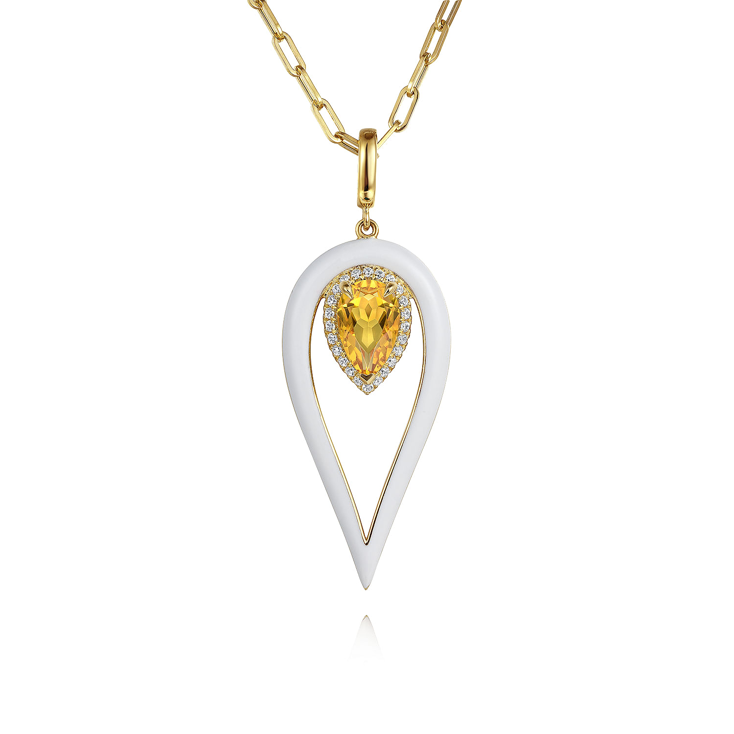 14K Yellow Gold Diamond and Citrine Long Pear Shape Drop Necklace With White Enamel