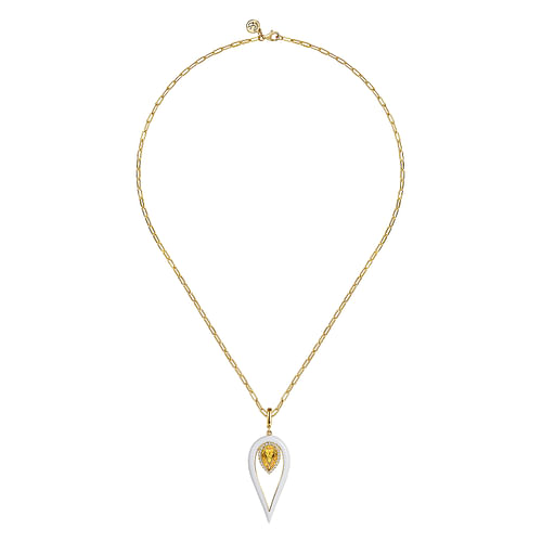 14K Yellow Gold Diamond and Citrine Long Pear Shape Drop Necklace With White Enamel